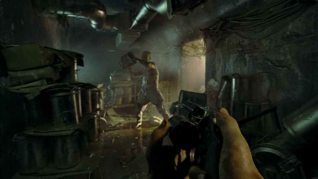 A character carrying a brick and aiming it at the player who is reloading a revolver in Ill. 