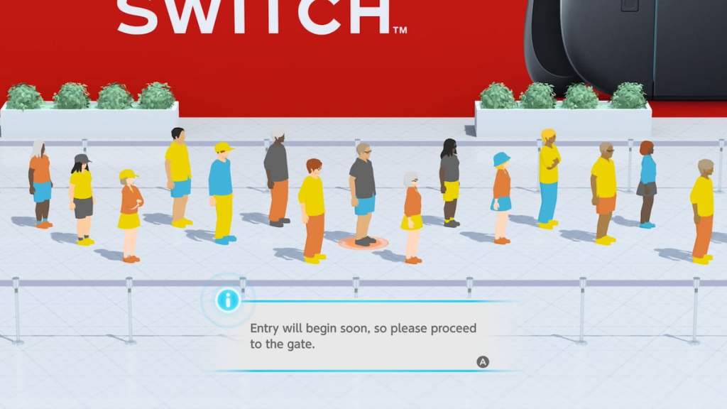 Nintendo Switch 2 Welcome Tour characters standing in line