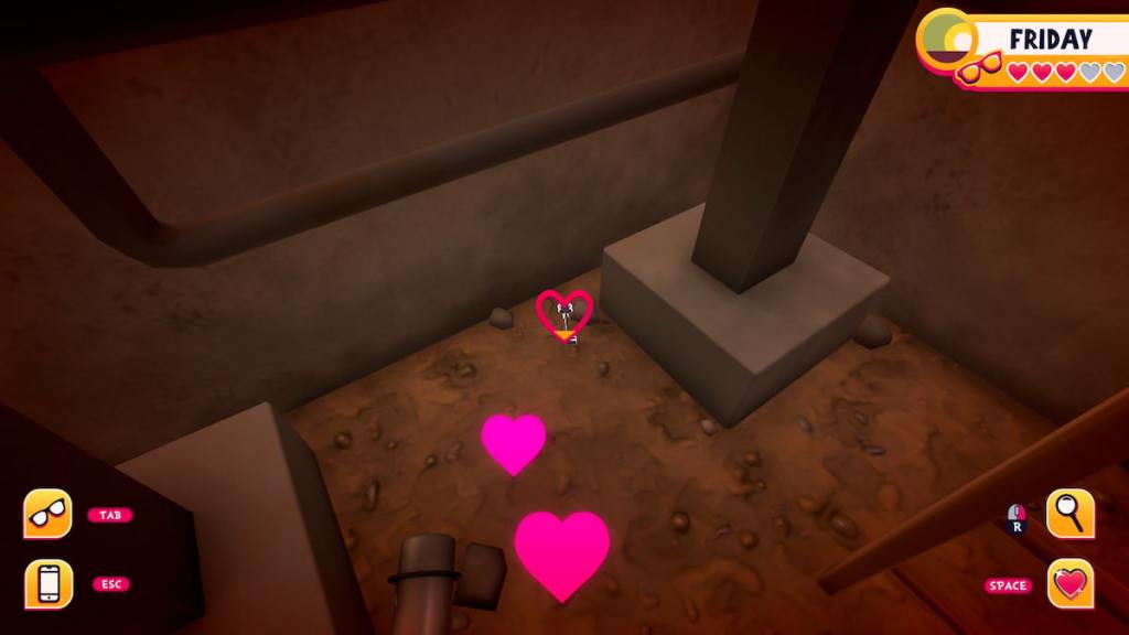 Pink hearts going toward a silver key on the ground in Date Everything