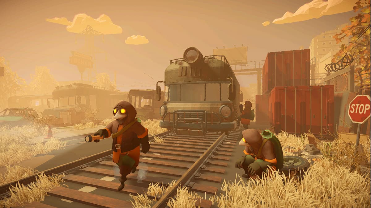 Several players dressed in hazmat suits repairing a wagon in Mimesis.