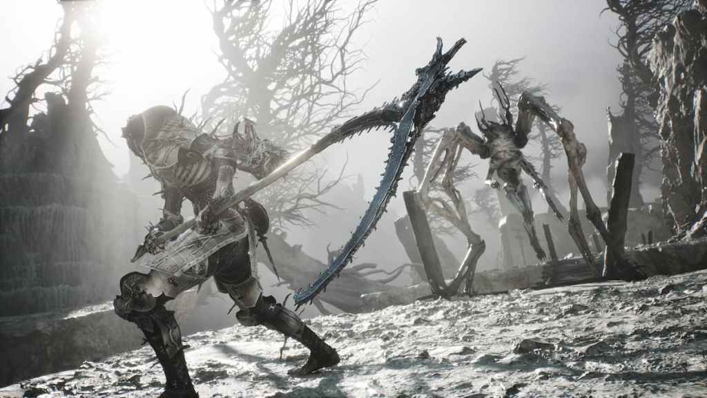 A character holding a scythe and standing on an ashy field faces off an arachnid enemy in Mortal Shell 2. 