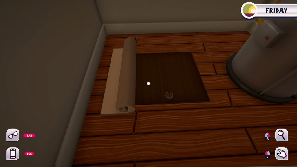 Opening the secret crawlspace by pulling back a light tan rug over a dark brown hatch in Date Everything