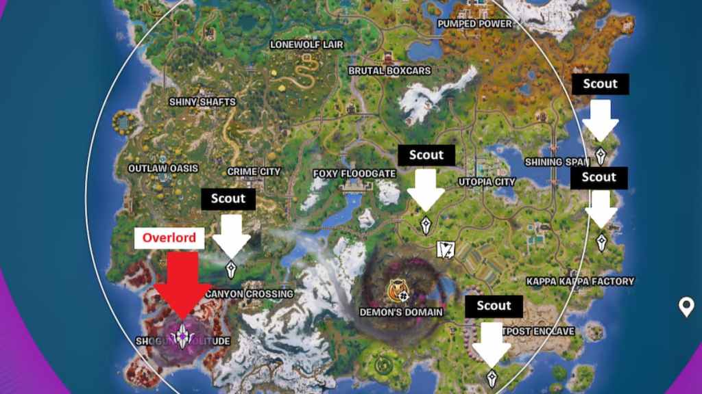 Overlord and Scout Spires marked on a map of the island in Fortnite
