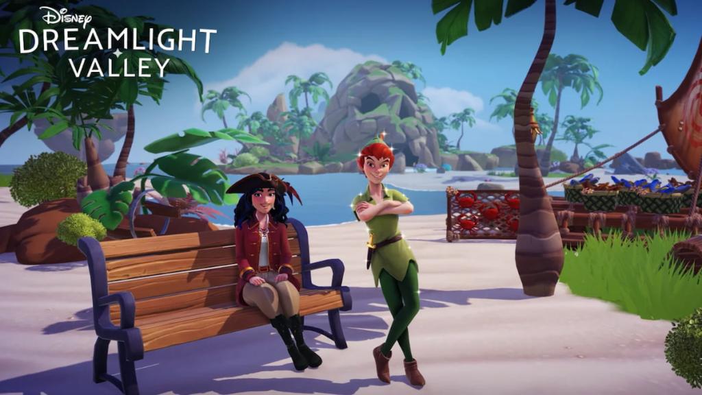Peter Pan and a player dressed as a pirate in Disney Dreamlight Valley.