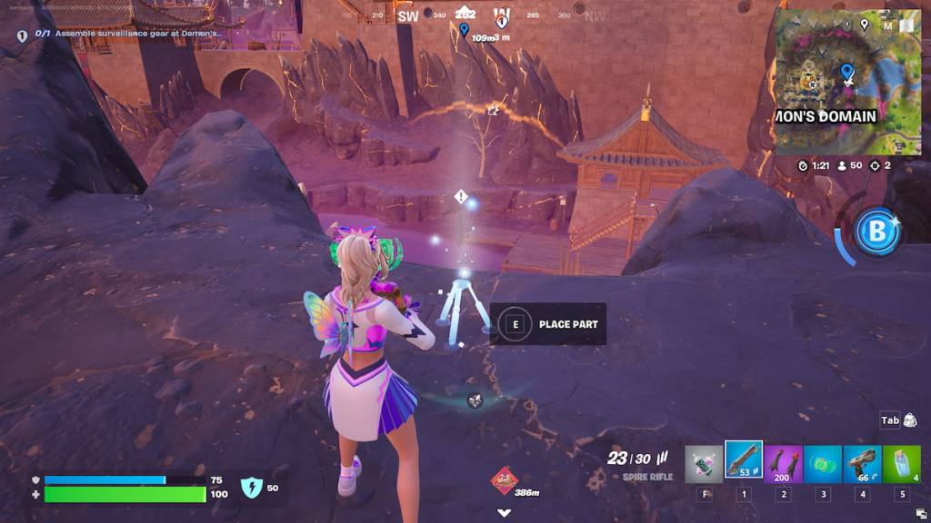 Haylee Skye, a cheerleader in a white, pink, and purple outfit, placing surveillance gear at Demon's Domain in Fortnite