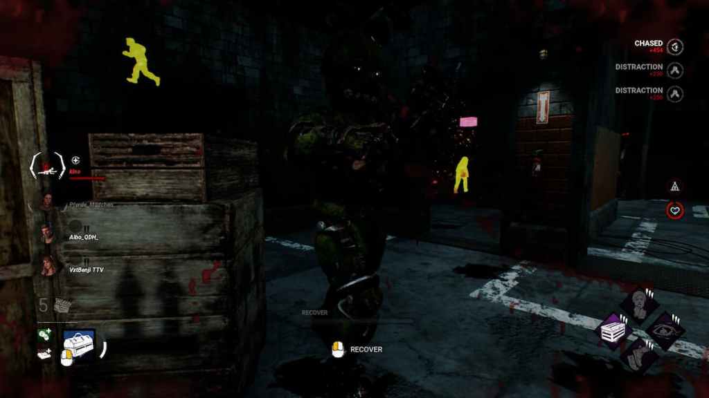 An animatronic with a massive knife in his hand looking over a crawling survivor covered in blood in Dead by Daylight. 