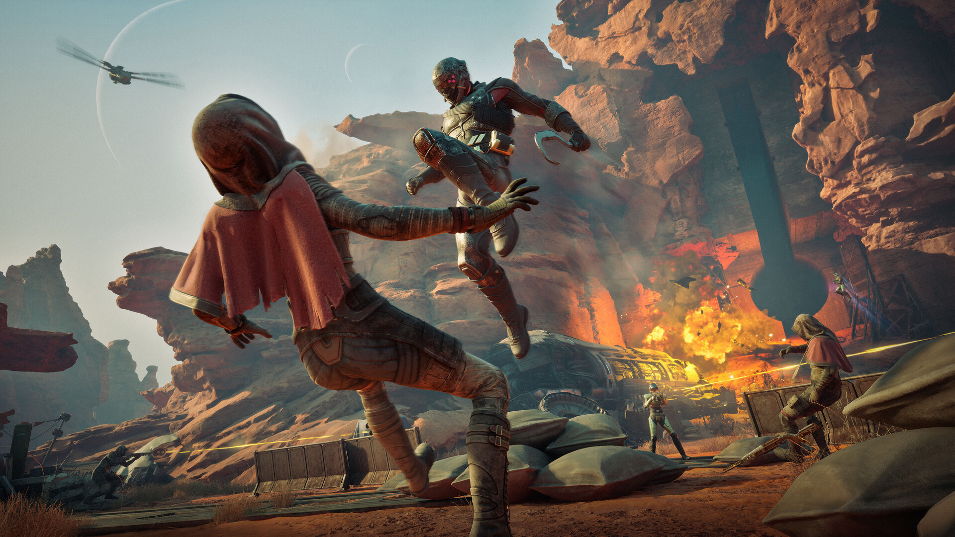 A combat scene in Dune Awakening between a player and a Scavenger
