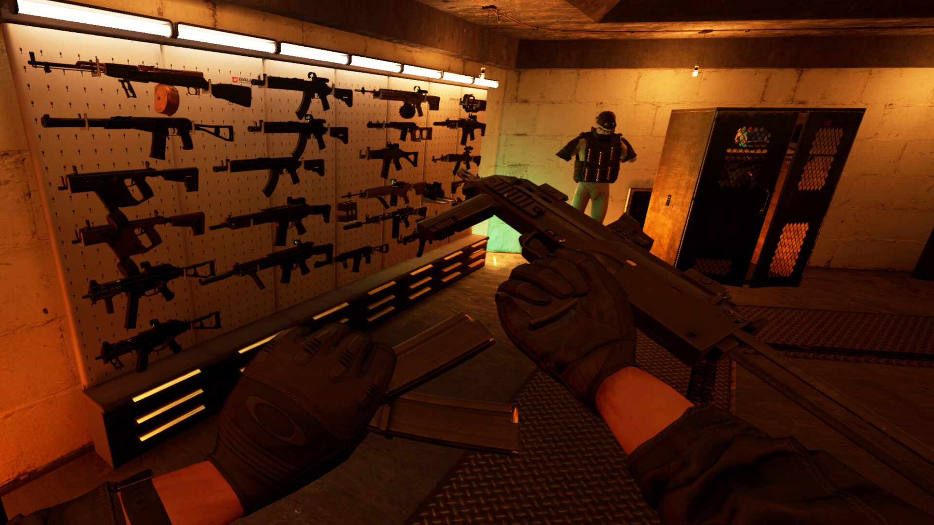 A layer inspecting a SMG at the armory in Ghosts of Tabor