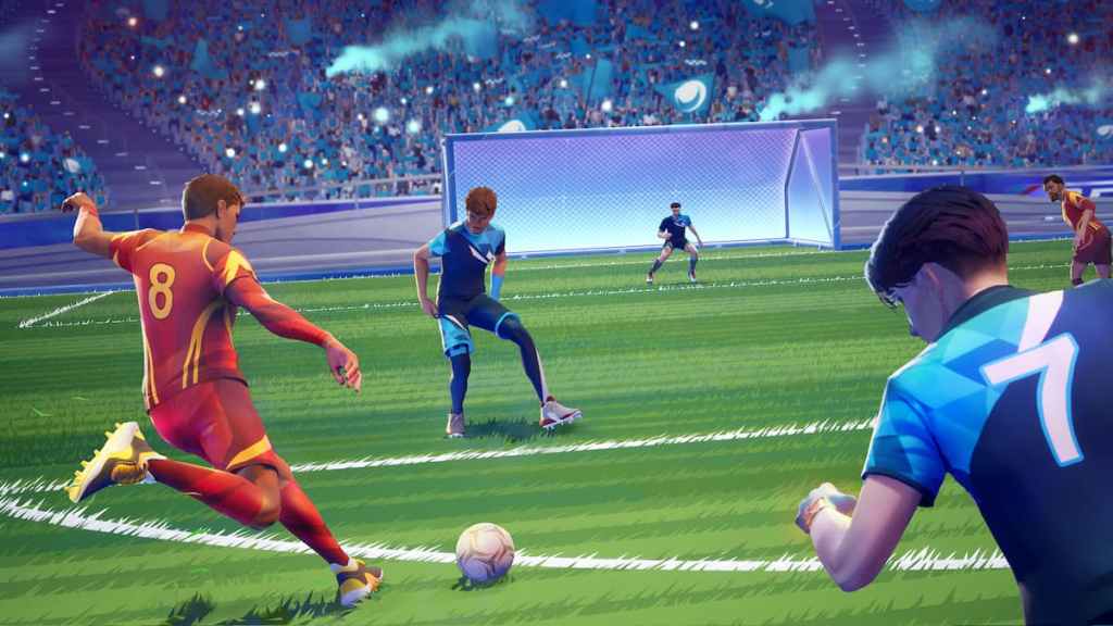 A character kicking a ball from within the box while other players crowd around them in Rematch. 