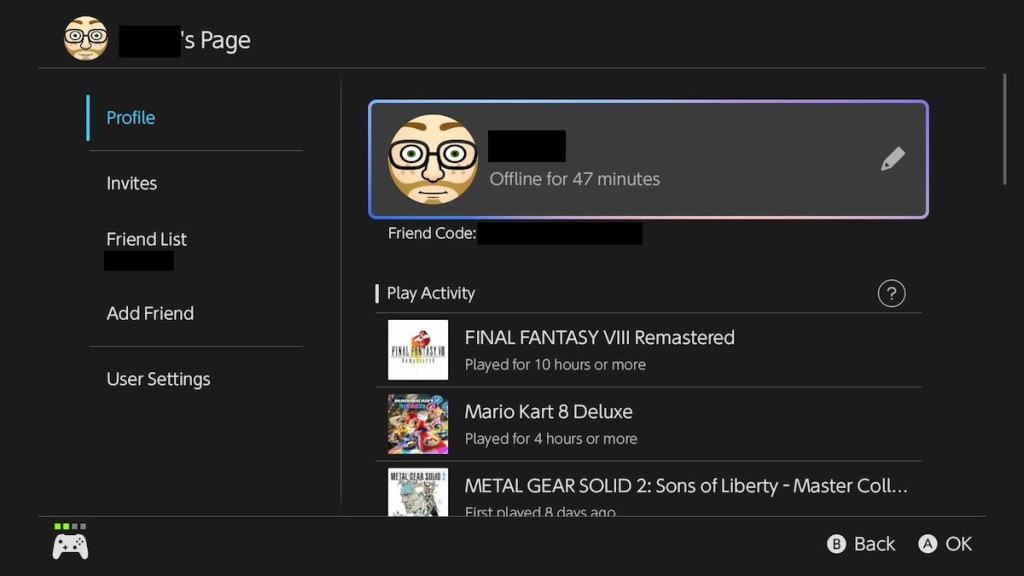 Nintendo Switch 2 profile page menu