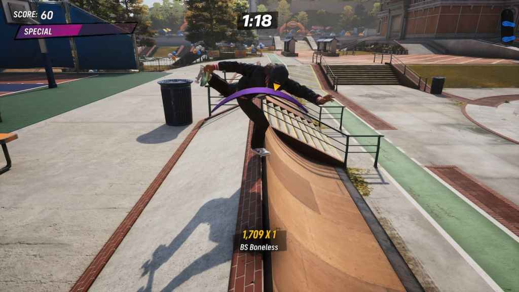 Rayssa Leal does a skateboard trick, holding the skate to one leg while standing with the other on top of a ramp in Tony Hawk's Pro Skater 3+4. 