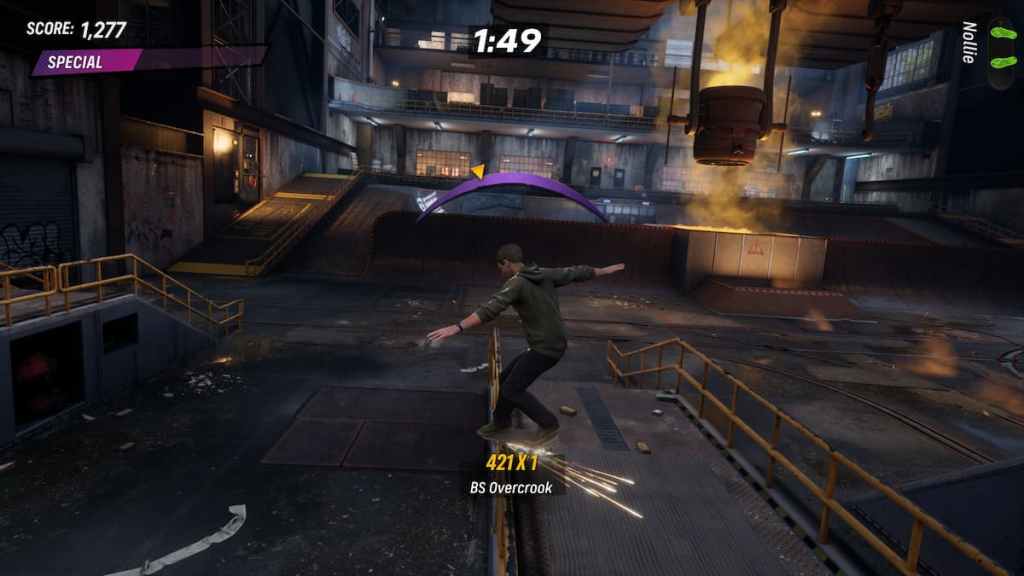 Tony Hawk grinding with a skateboard on a rail in a smelting foundry in Tony Hawk's Pro Skater 3+4. 
