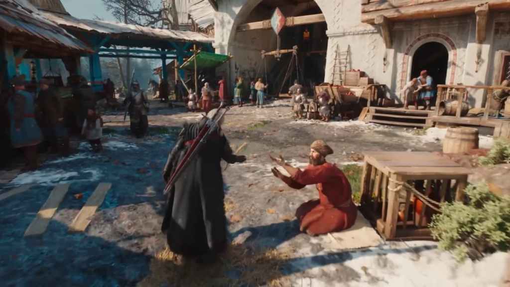 Ciri giving a beggar a coin in the middle of a muddy, snowy market town in The Witcher 4. 