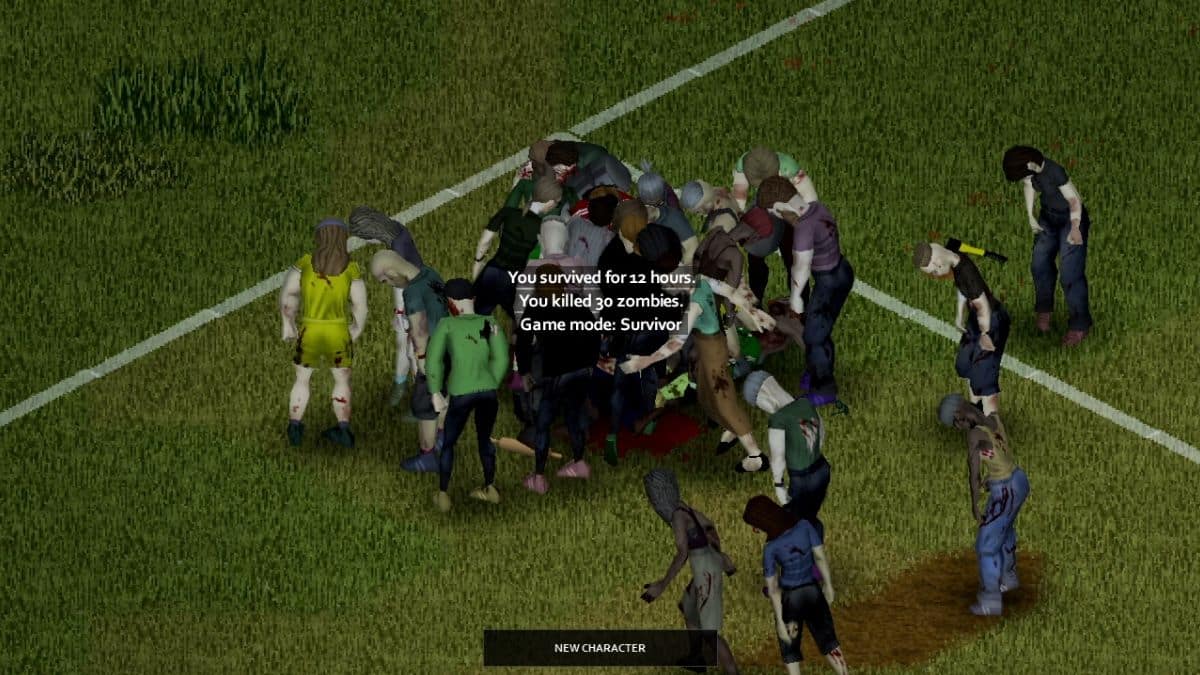 The death screen in Project Zomboid, showing the amount of zombies killed and the hours and days the player survived.