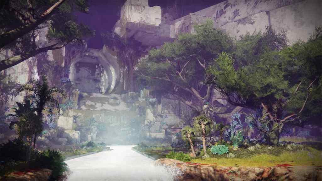 A shot of the entrance area of the Encore Exotic mission in Destiny 2, showing a small wooded area around a lake of Vex Milk.