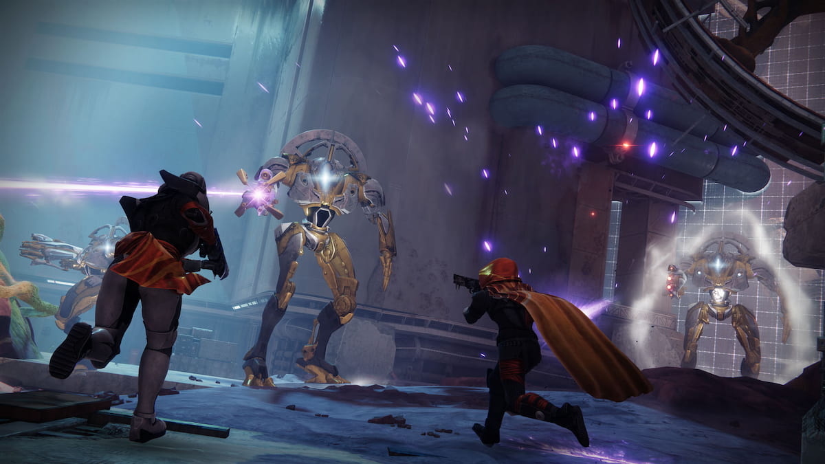 Two Guardians fight off some Vex in the Edge of Fate.