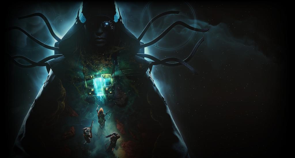 Promotional image showing three guardians getting on an interdimensional train juxtaposed with Orin, the old Emissary of the Nine.