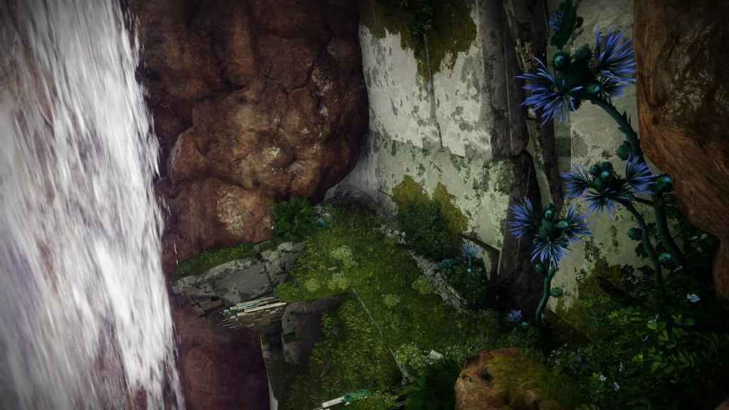 A grassy area by a waterfall in the Encore mission in Destiny 2