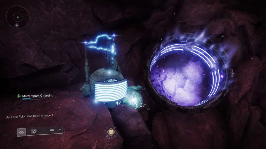 A pylon charges an air cannon by the side of a rock in Destiny 2.