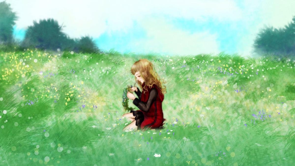 Kukrushka sitting in a meadow