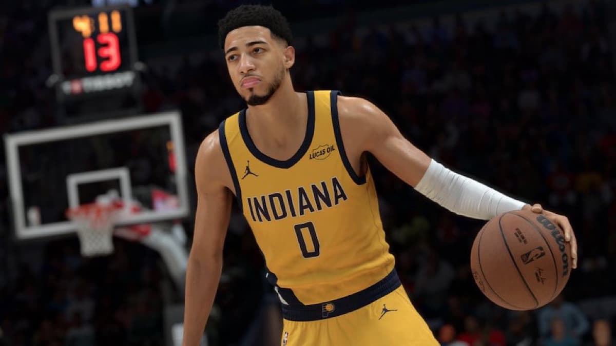 Tyrese Haliburton in NBA 2K26 dribbling with the ball