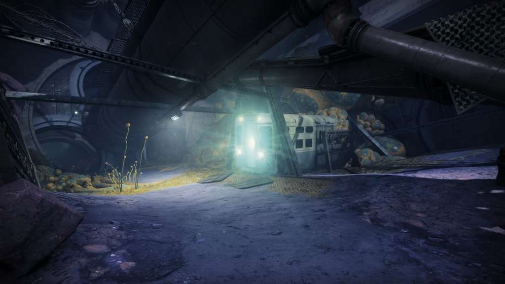 A train in Augur's Bethel, with a glow coming through its open doors.