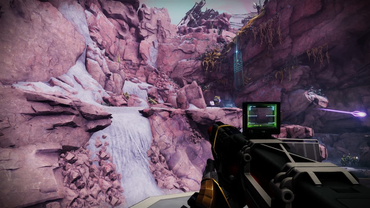 A guardian holds Mint Retrograde in front of the pink rocks in Kepler's Caldera.