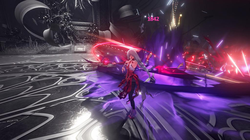 Phrolova in Wuthering waves, a woman wearing a red dress in tatters.