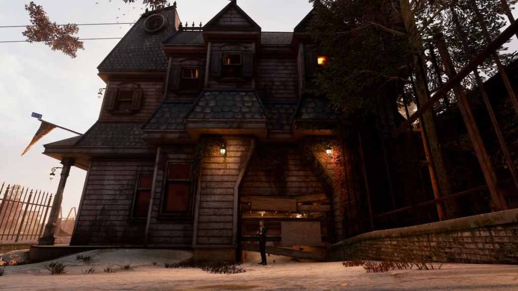 The Thin Man stands by an abandoned house in Suburbia, with the full house in view.