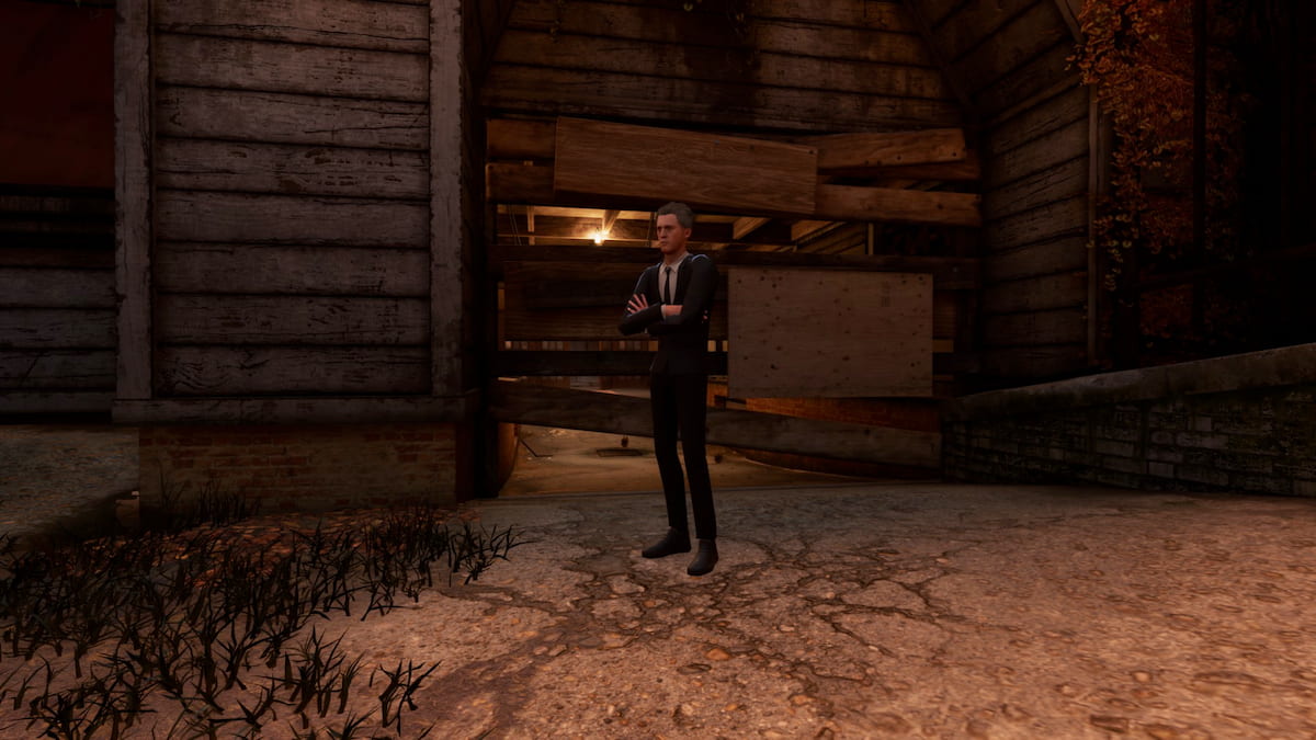 A thin man dressed in a suit stands in front of a derelict house in Suburbia in Tony Hawk's Pro Skater 3+4.