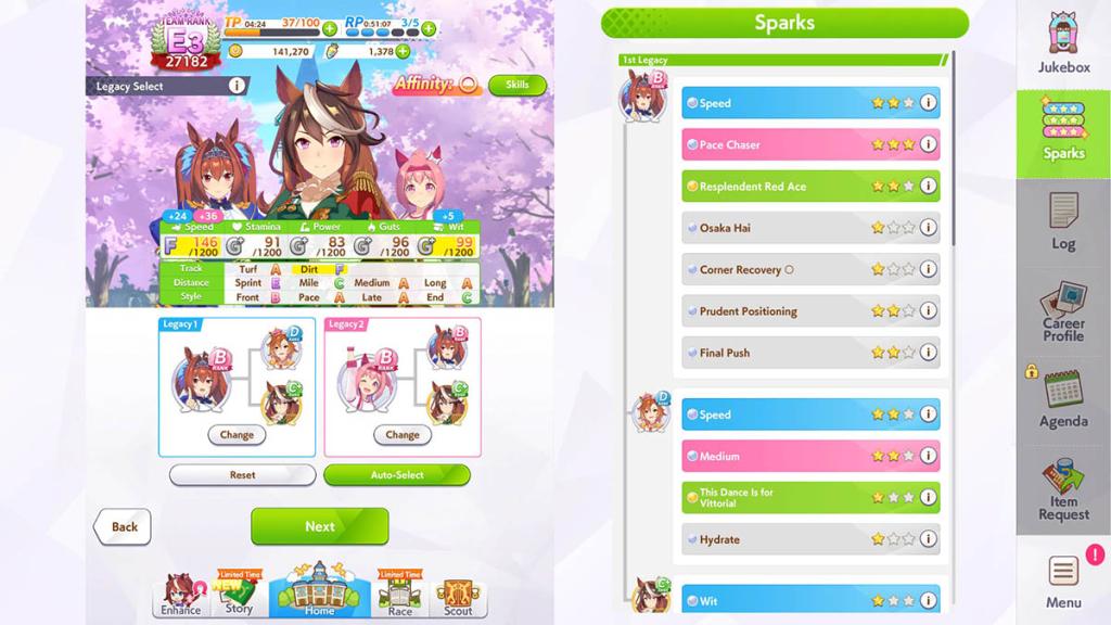 The Veteran Umamusume screen in Uma Musume Pretty Derby.