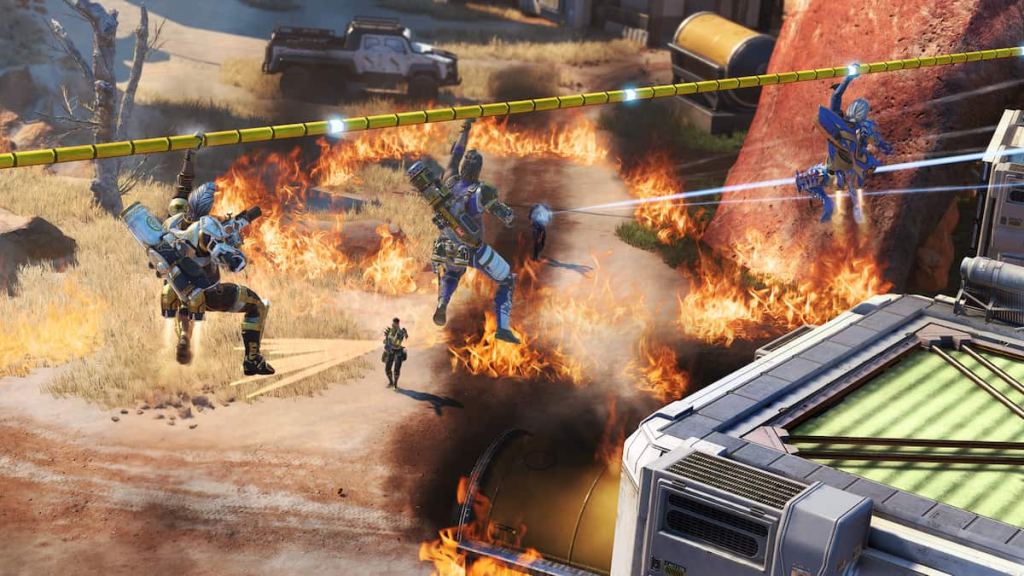 Three Fuses drop down a zipline in Apex Legends' Wild Card mode.