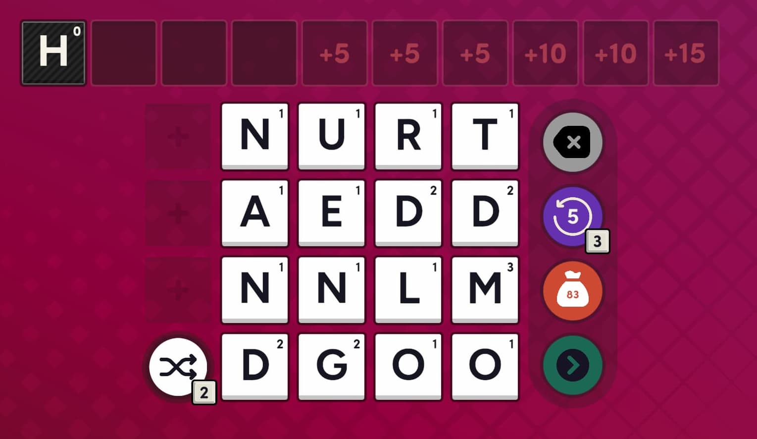A screenshot from Word Play, showing a set of letters with empty blocks at the top.