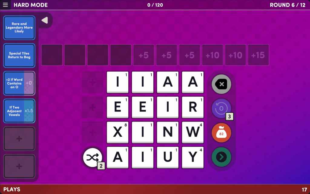 A screenshot from Word Play showing modifiers and a bunch of letters 