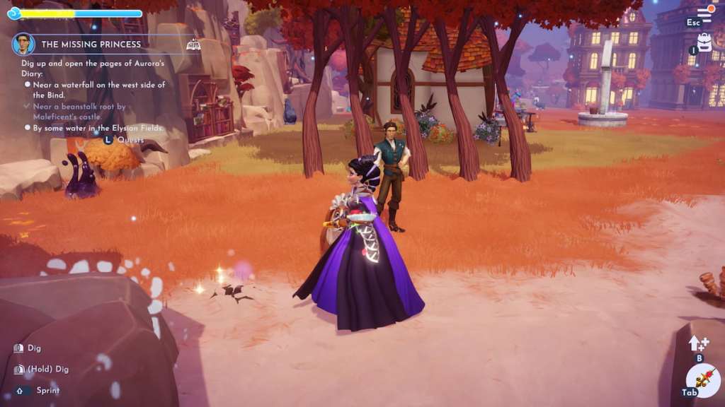 A character holding a golden shovel standing by a sparkling dig spot in disney dreamlight valley