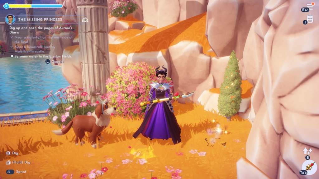 A character holding a golden shovel standing by a sparkling dig spot in disney dreamlight valley