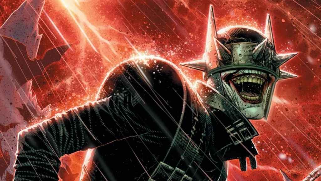The Batman Who Laughs character laughing under a red sky during a thunderstorm. 