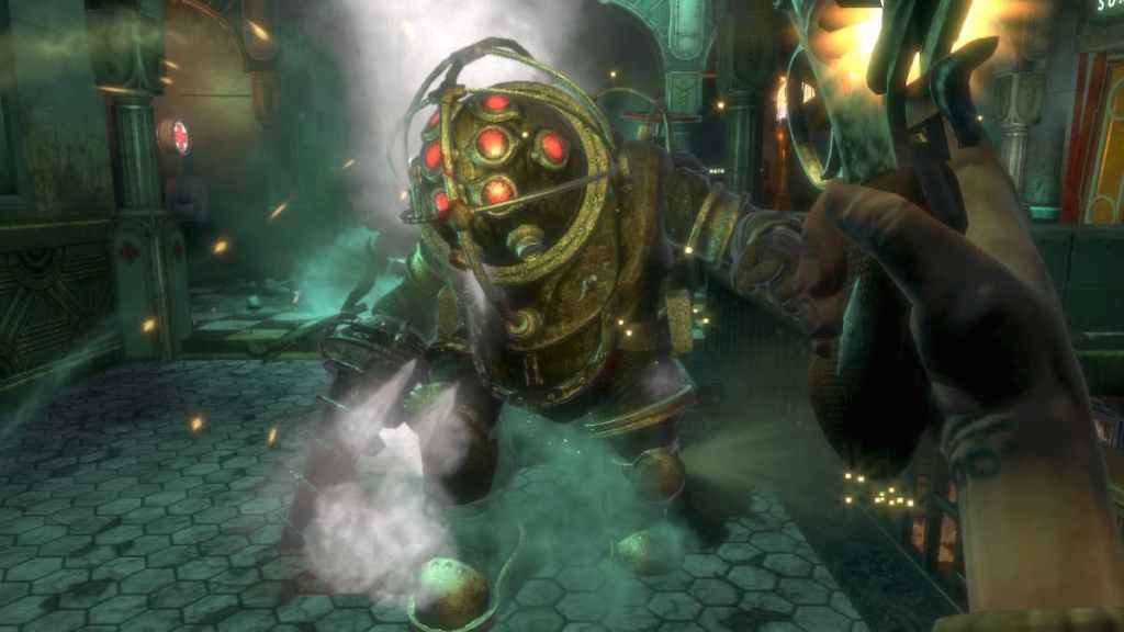 Big Daddy, a titanic character wearing an old-fashioned diving suit, attacking the player in Bioshock. 