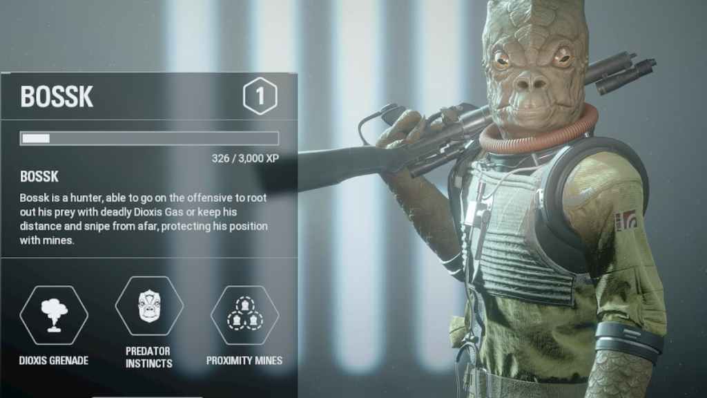 A reptilian humanoid with a gun slanted over his shoulder stands looking at the camera in Star Wars Battlefront 2. 