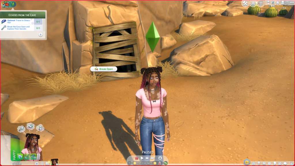 A sim wearing a pink top and blue jeans standing in front of a rocky cave with the "break open" option available in the sims 4