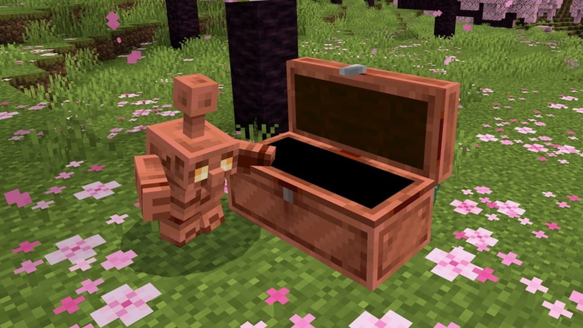 A copper golem opening a chest outside in minecraft