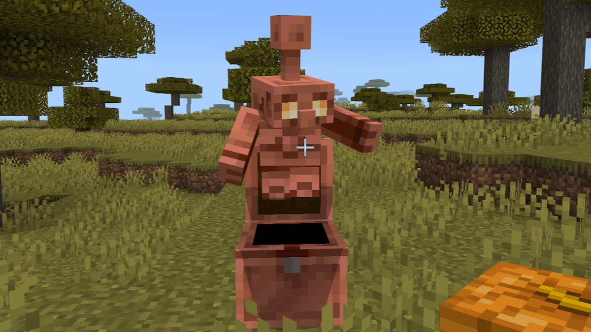 A Copper Golem standing on a copper chest in Minecraft