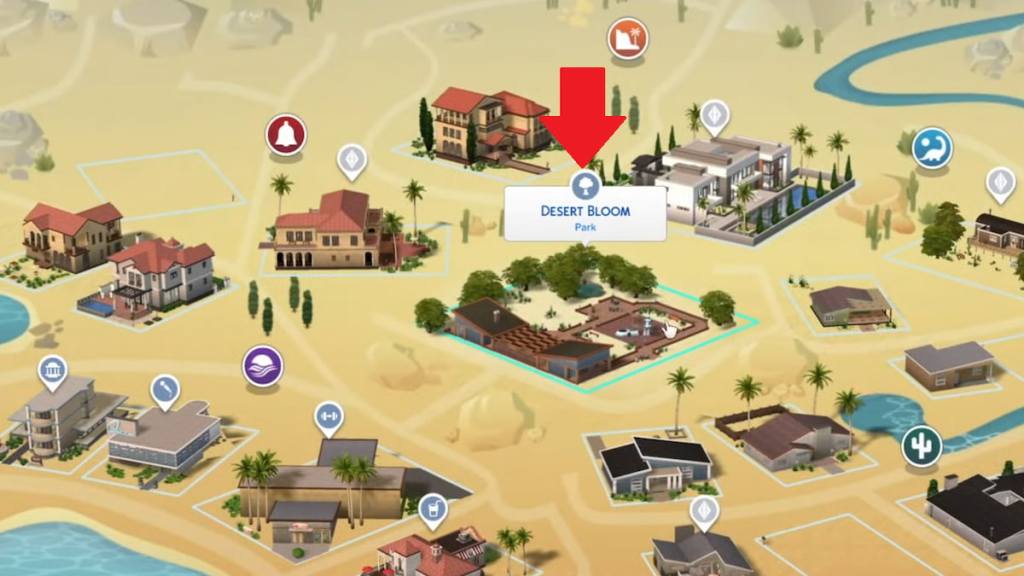 Desert Bloom Park marked on a map in the sims 4