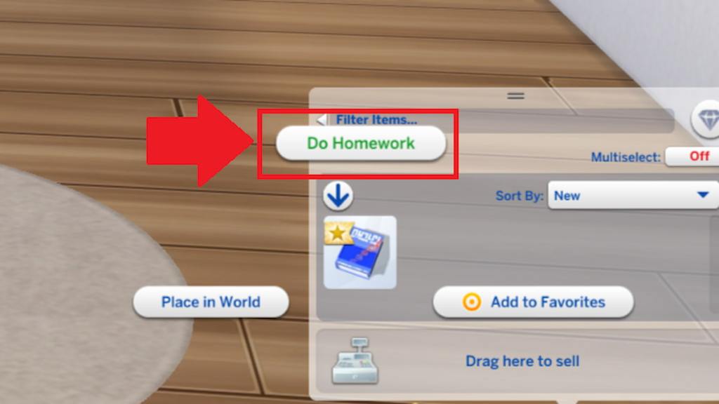 The do homework option on a blue homework book in a sims inventory in the sims 4