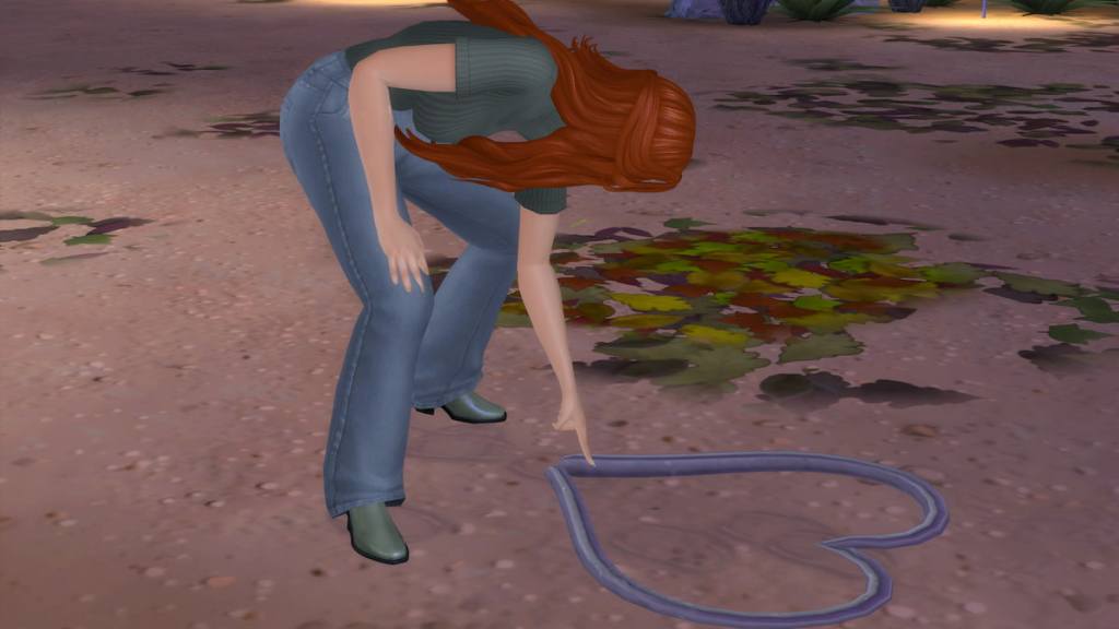 A Sim drawing a heart in the sand in the sims 4