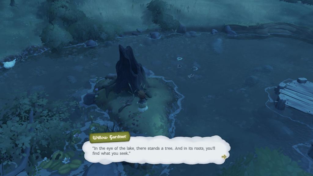 A tree trunk in the middle of a lake in tales of the shire