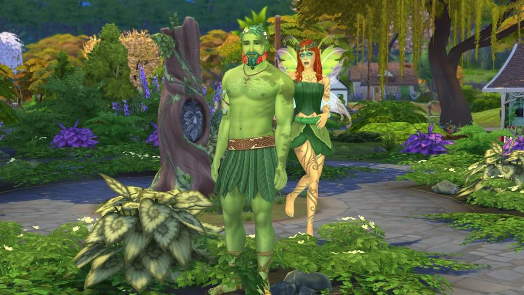 A fairy with orange hair, green wings, and a green dress standing slightly behind a green plant man in the sims 4