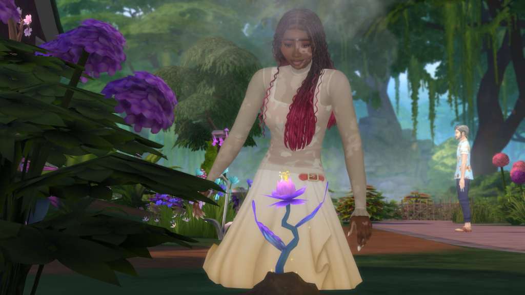 Planting a fairy seedling, a purple plant, in the sims 4