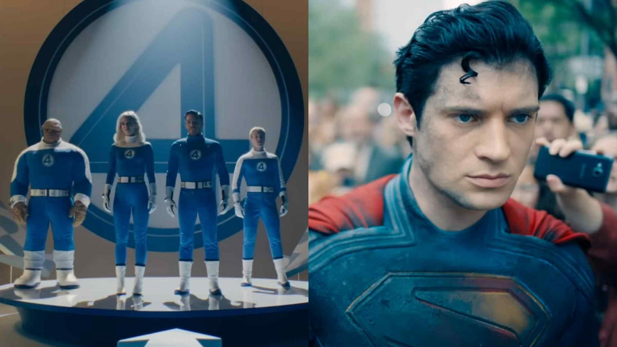 The fantastic four standing in front of a big blue four on a stage and a close up shot of superman with a serious expression