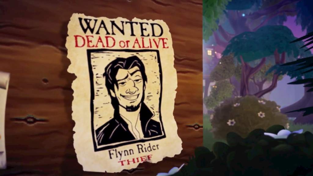 A close up of a wanted poster for Flynn in disney dreamlight valley